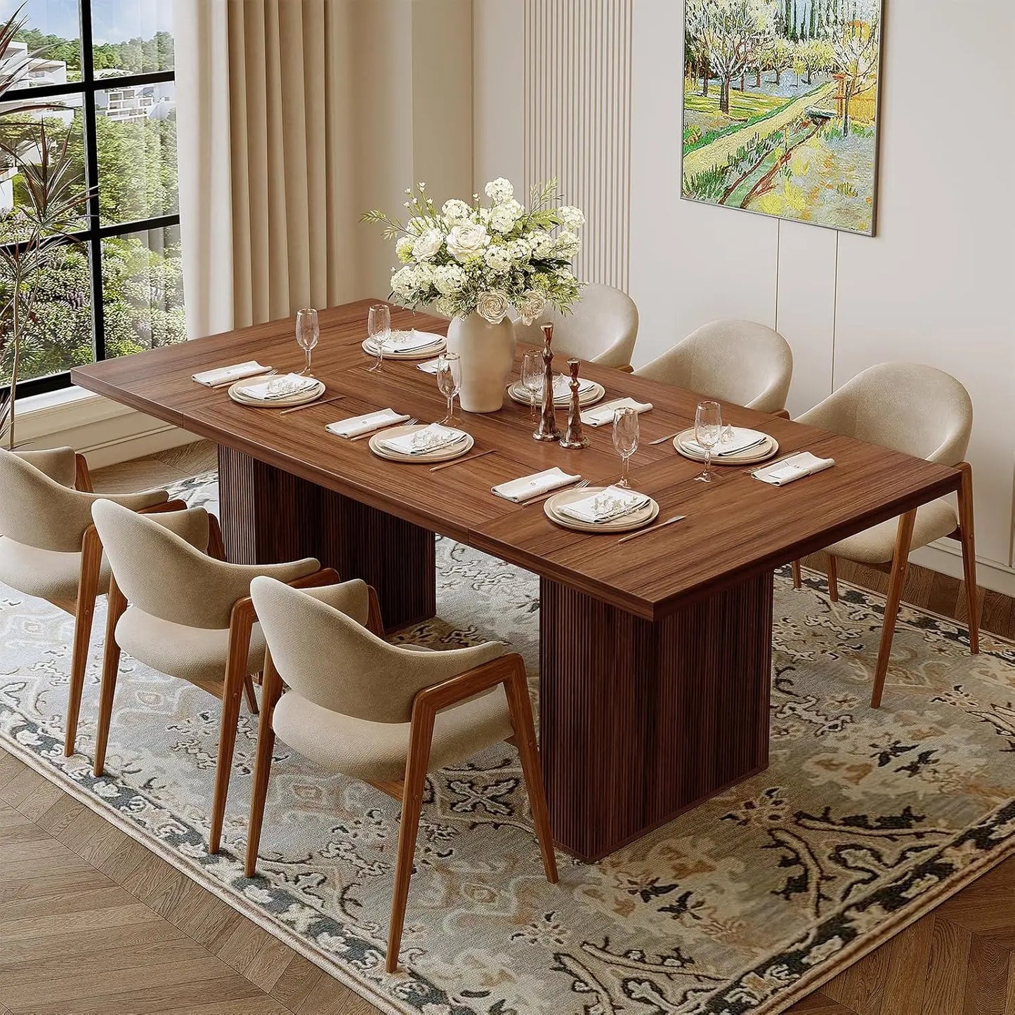Rectangular Dining Table 78 Inch Modern Farmhouse Walnut Grooved Base