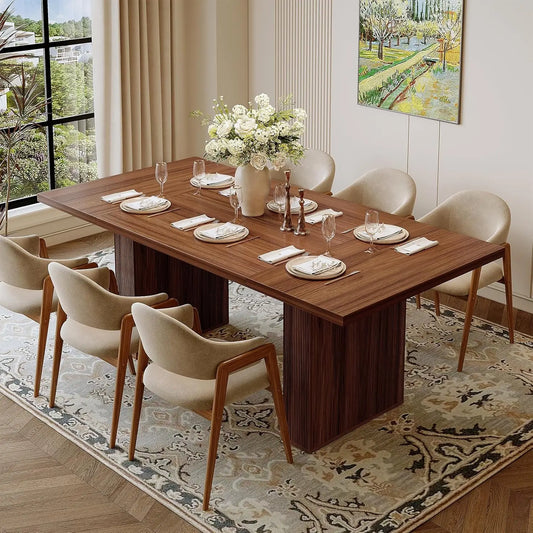 Rectangular Dining Table 78 Inch Modern Farmhouse Walnut Grooved Base