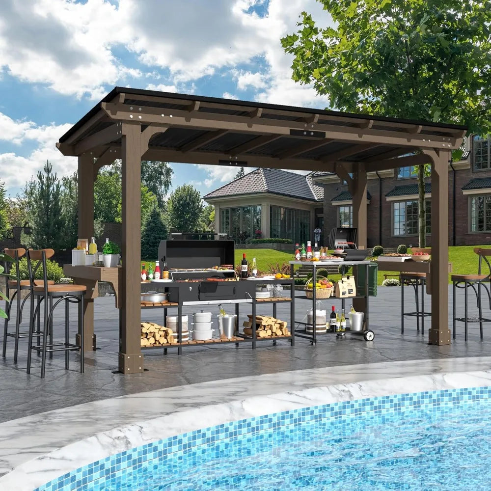 6x13FT Wood Grill Gazebo Sloping Metal Roof Heavy Duty 2 Grills Permanent BBQ Canopy Outdoor Patio Lawn Garden,Customized