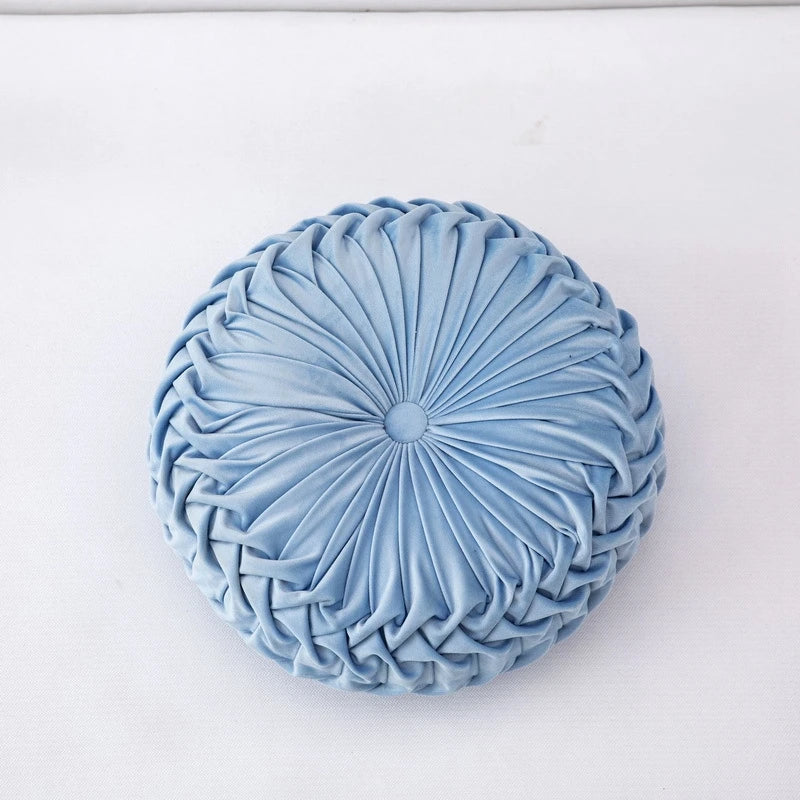 Round Velvet Throw Pillow With Pleated Design