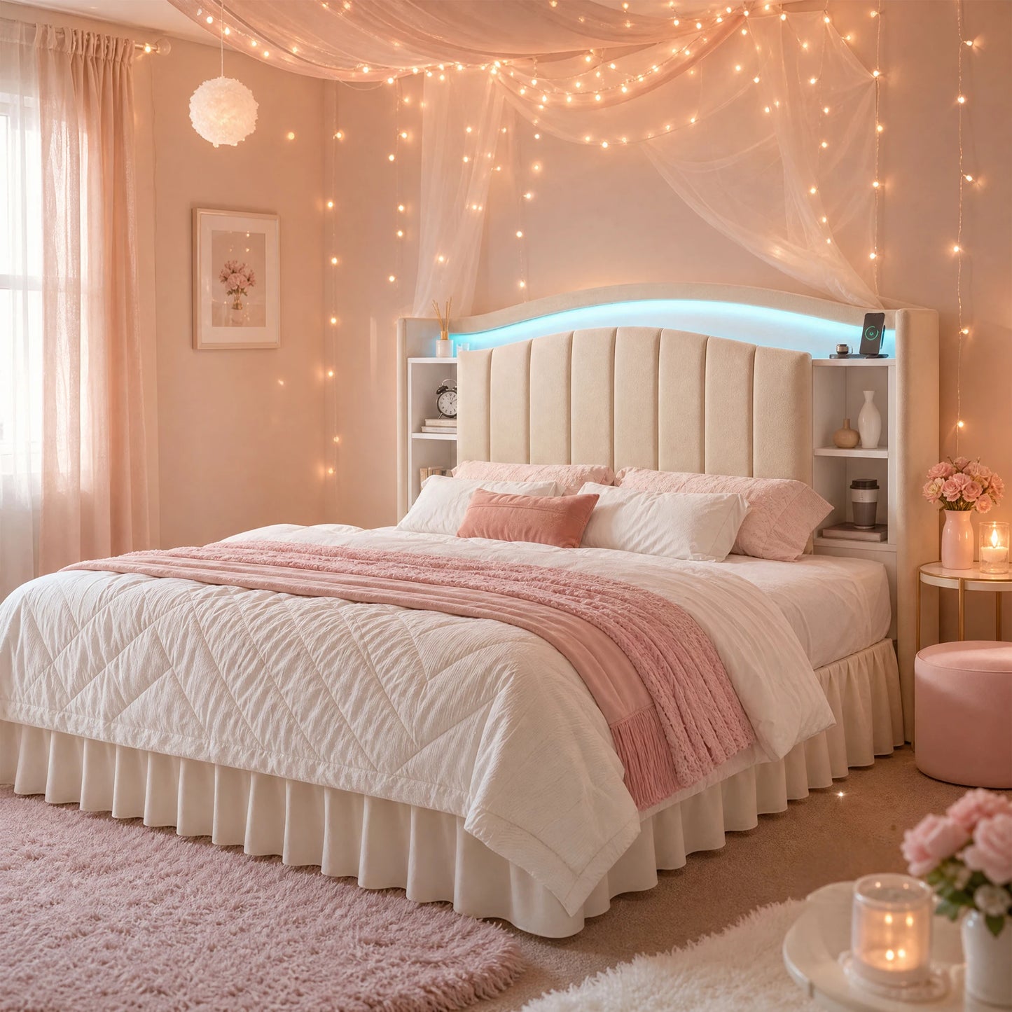 EnHomee Bookcase Platform Bed Frame With LED Lights