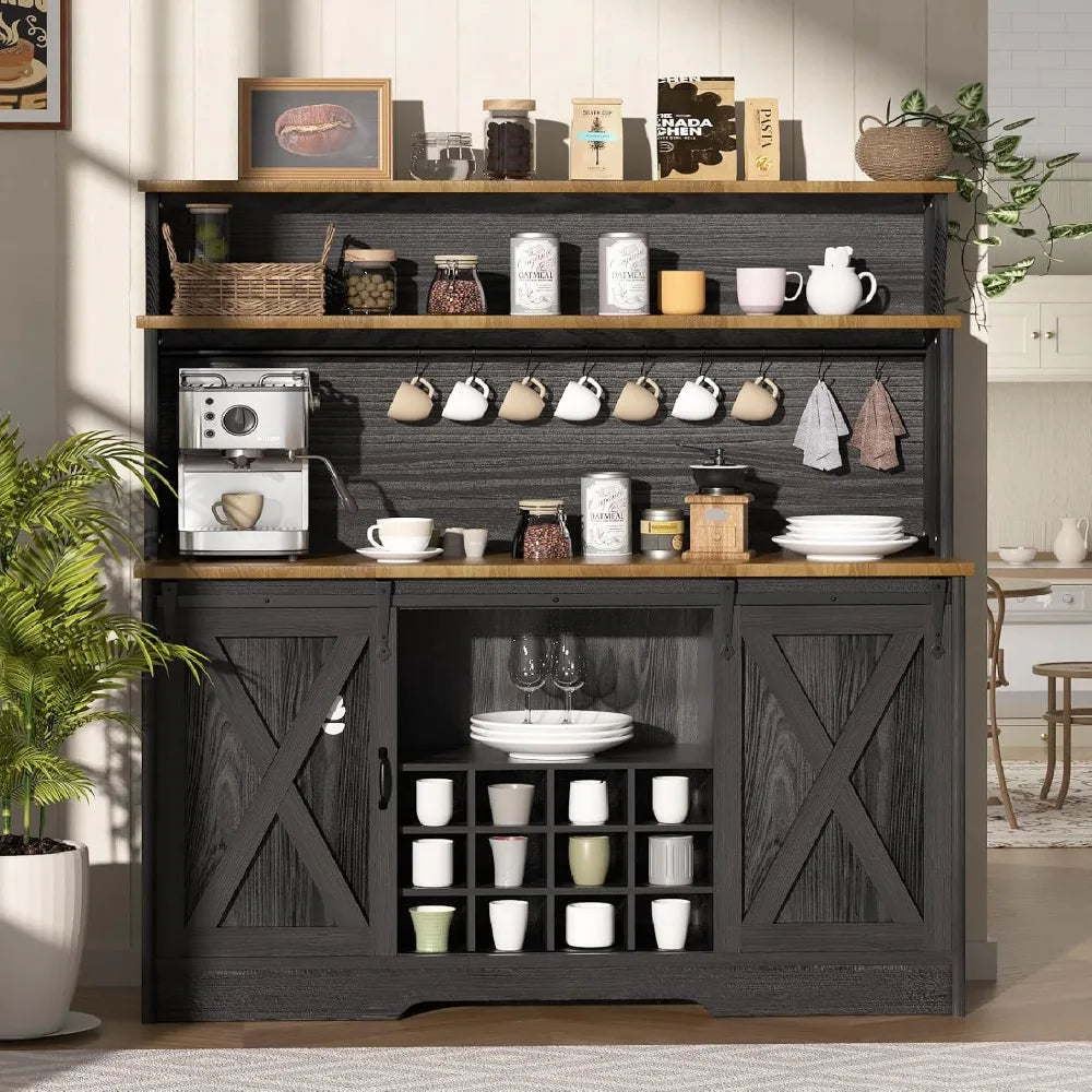 Farmhouse Coffee Bar Cabinet With Hutch And Sliding Barn Door
