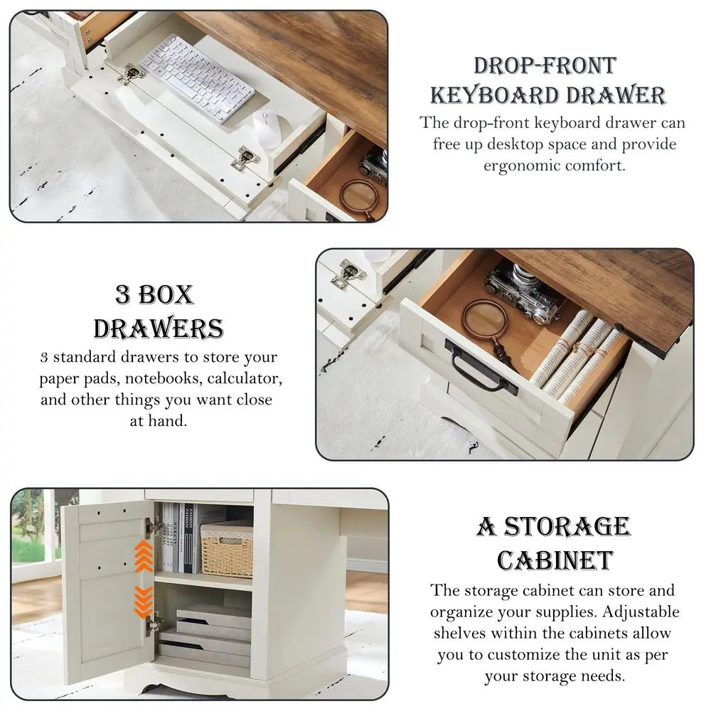 QWC Farmhouse Executive Desk With Drawers And Charging Station