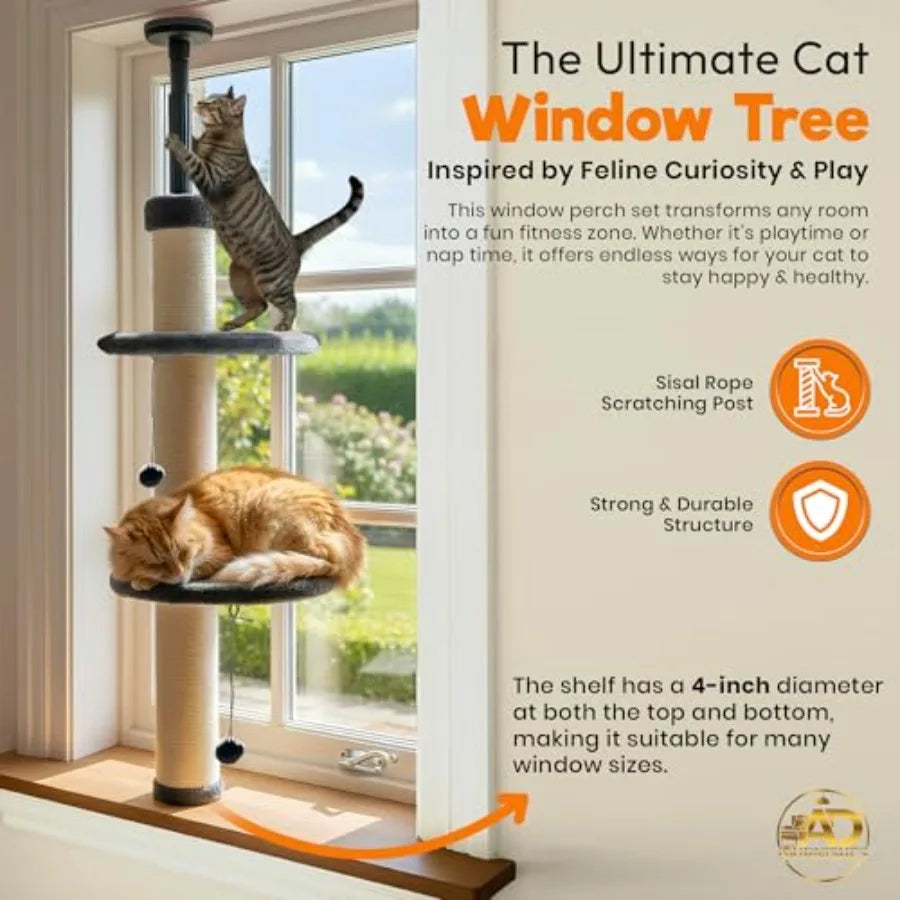 Adjustable Window Cat Tree for Indoor Cats Sturdy Window Sill Extender Seat in Brown Beige Large Cat Tower with Perch Shelf 104
