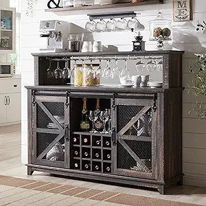 Farmhouse Coffee Bar Cabinet With Hutch And Sliding Barn Doors