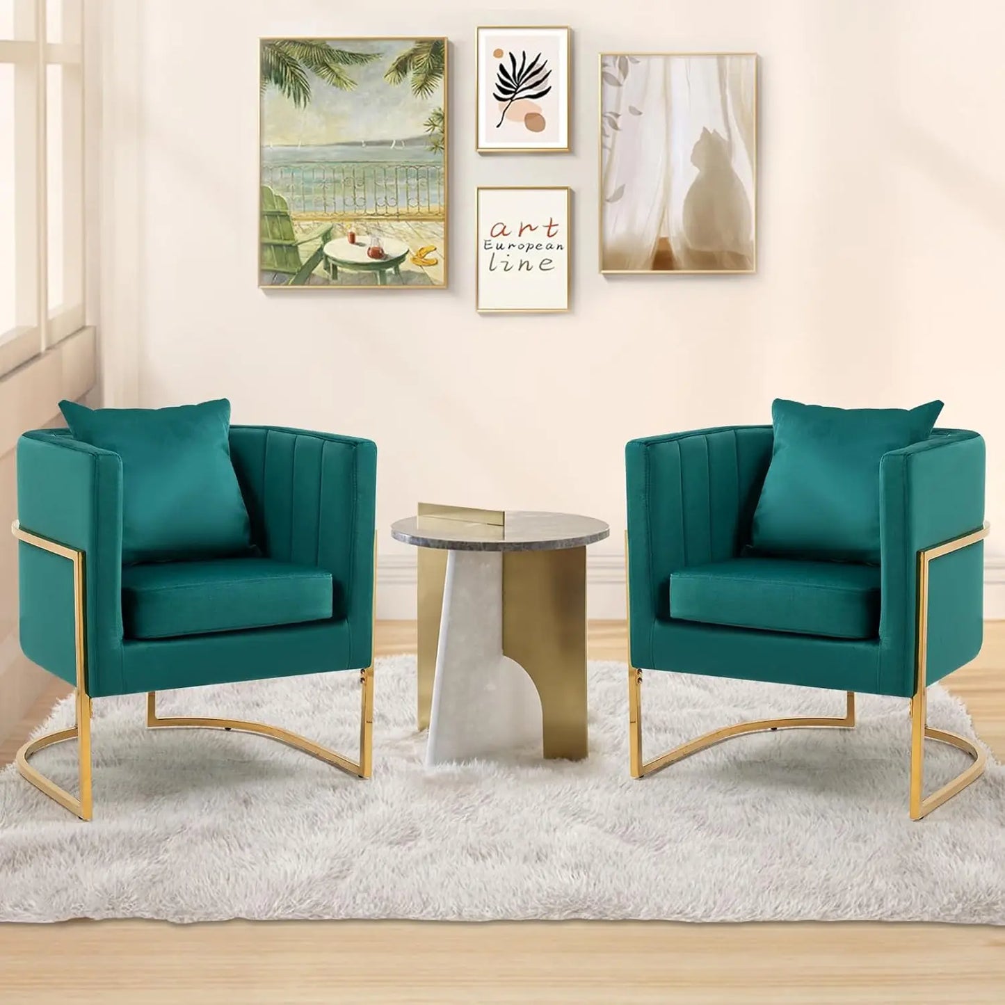 Velvet Accent Chair Set of 2 Mid Century Upholstered Barrel Armchairs