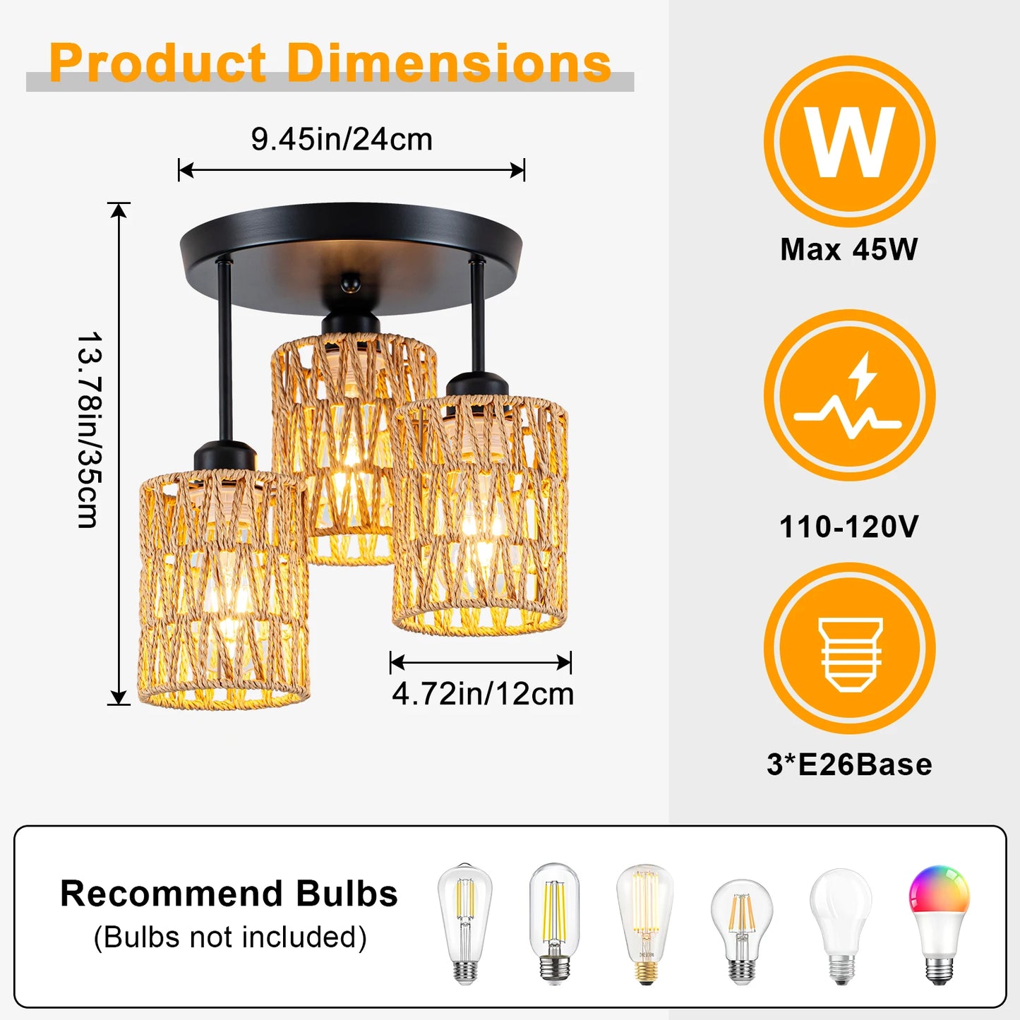 Boho Farmhouse Rattan Pendant Lights Three Light Ceiling Mount