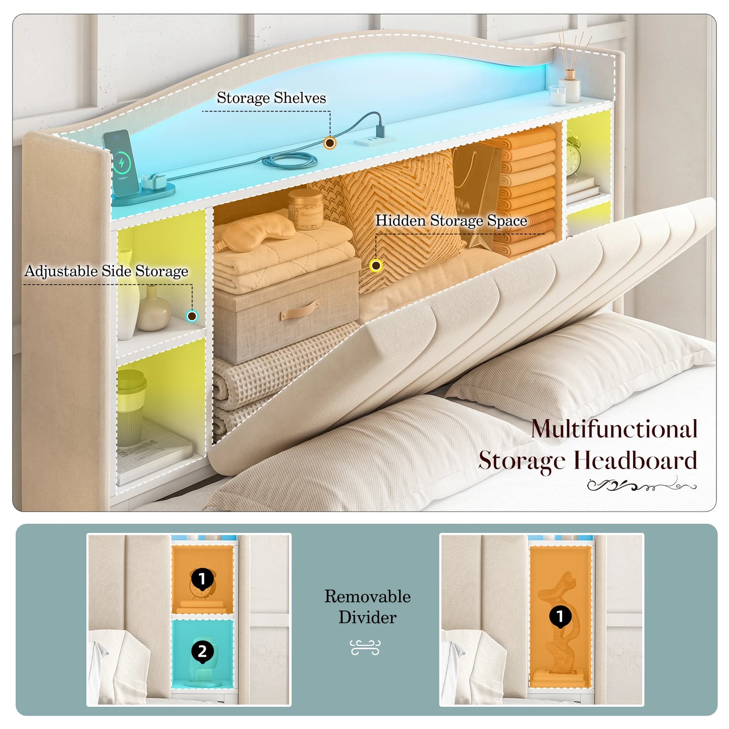 EnHomee Bookcase Platform Bed Frame With LED Lights