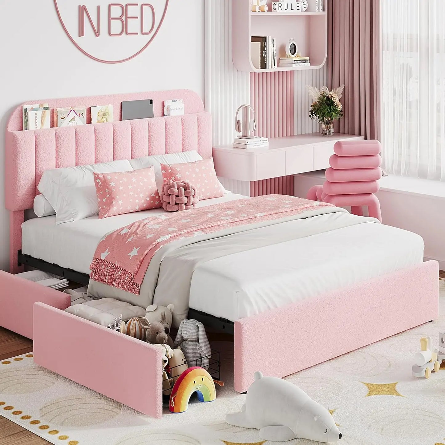 Twin Size Bed Frame with 2 Flexible Drawers, Boucle Upholstered Platform Bed Frame with Bookcase Headboard, Bedframe for Kids/Gi