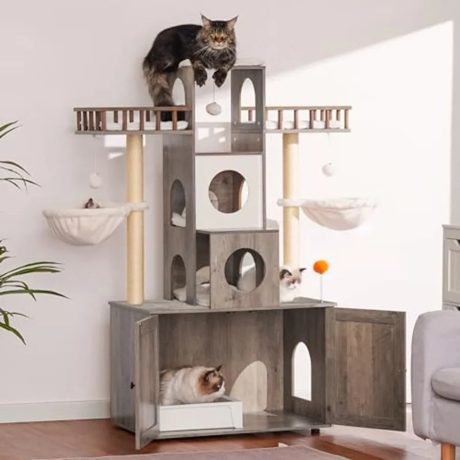 Cat Tree with Litter Box Enclosure for Indoor Big Cat Cat Tower for Large Cats 20lbs Heavy Duty Modern Cat Condo Furniture with