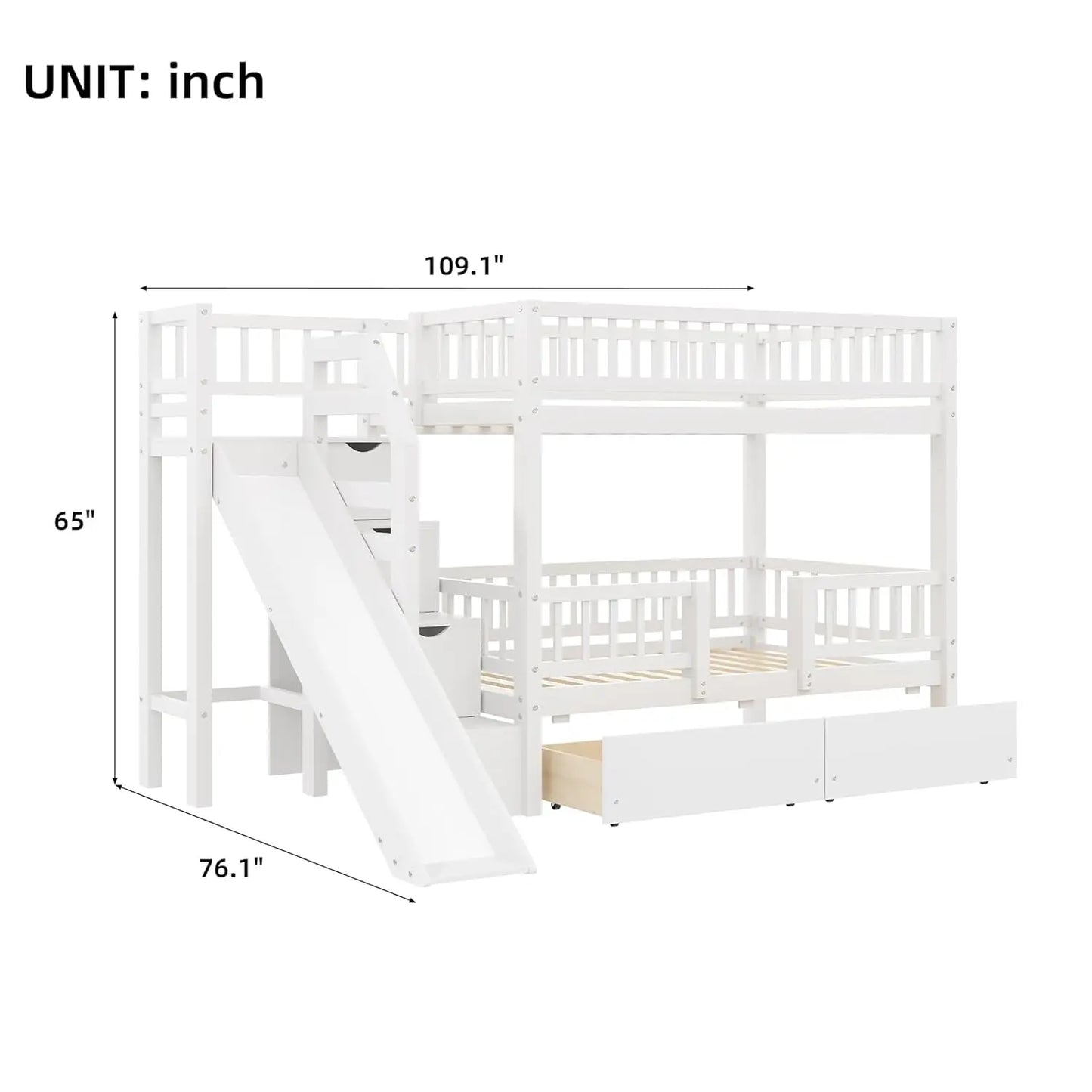 Kids Bunk Bed With Slide, Storage Drawers And Staircase, Pine Wood