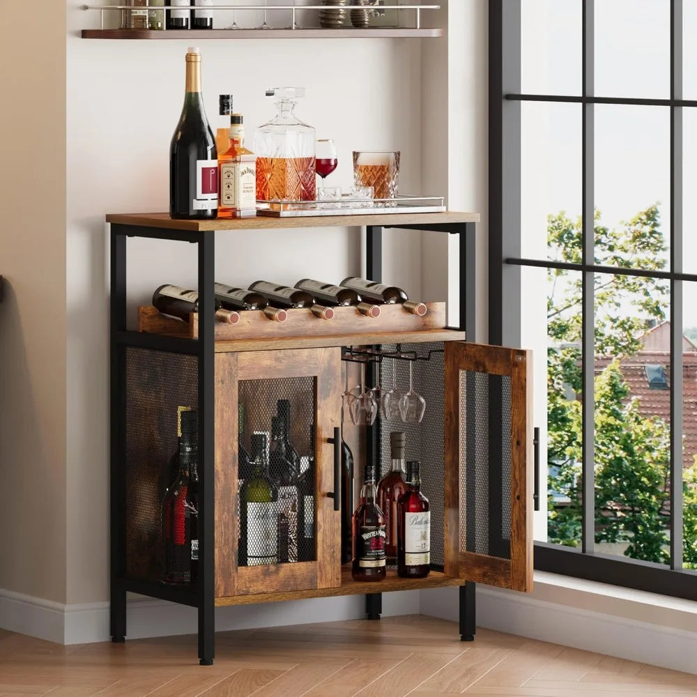 Rustic Wine Bar Cabinet With Detachable Rack And Glass Holder