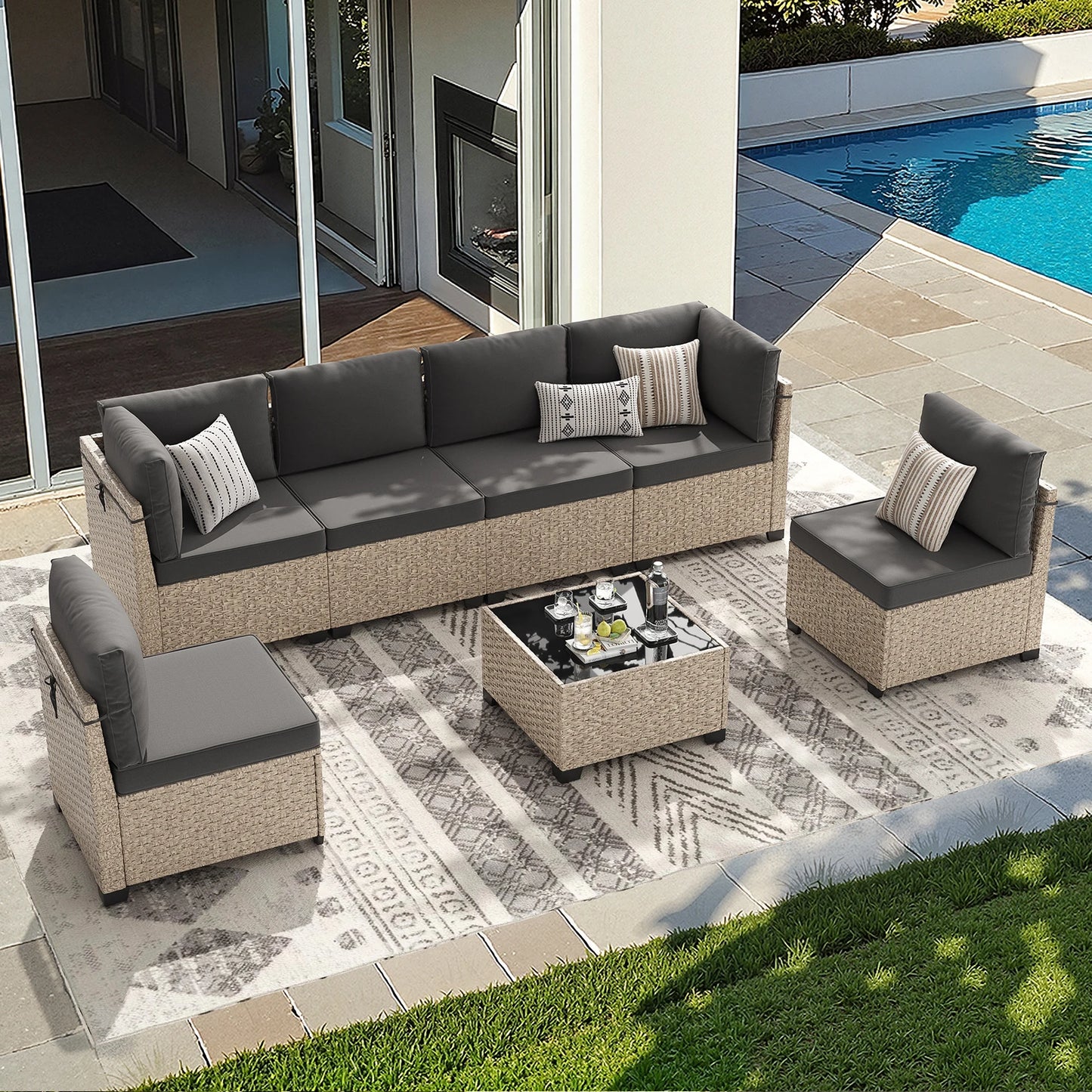 7-Piece Rattan Sectional Sofa Set With Glass Table