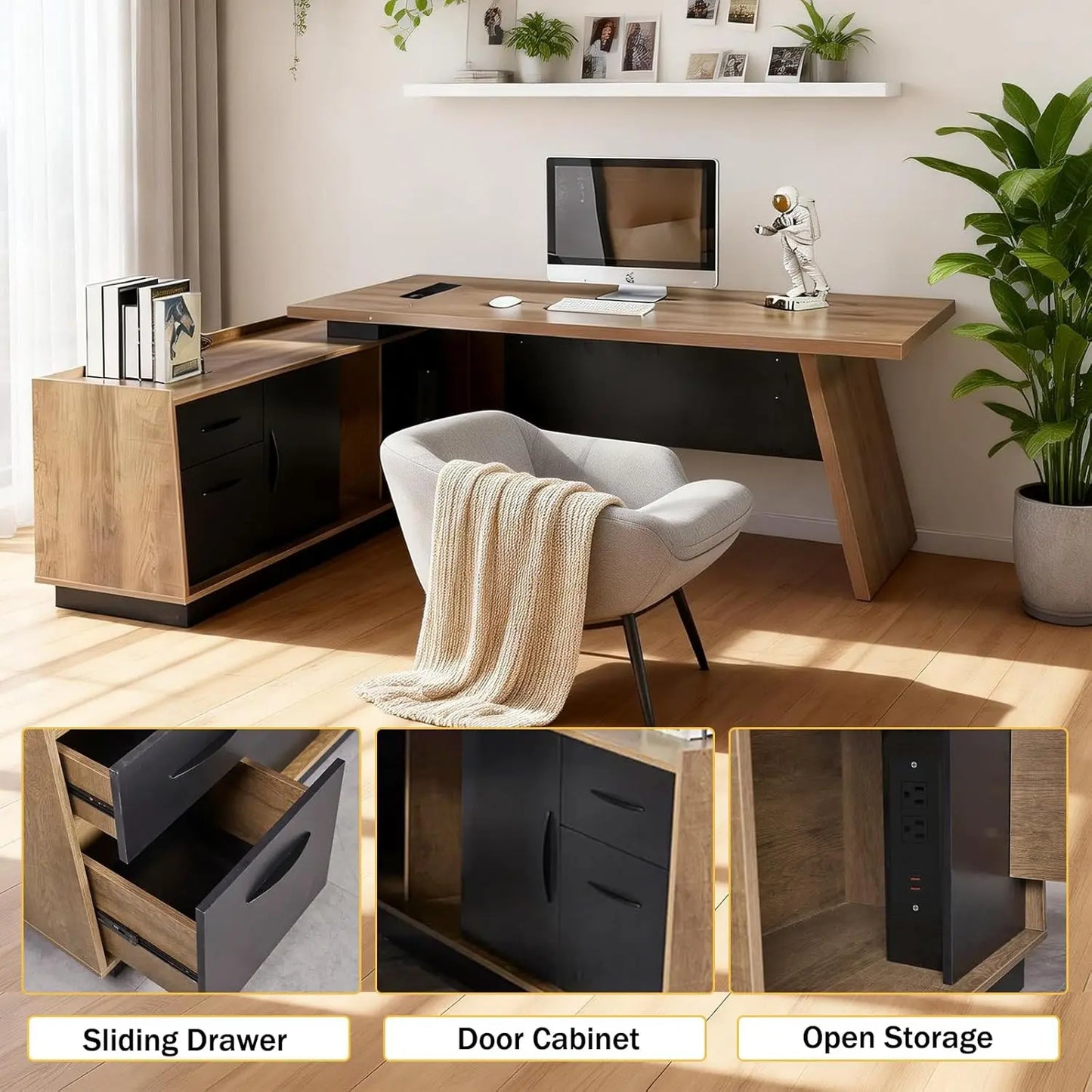 L Shaped Executive Office Desk Corner With Wireless Charging And Printer Storage