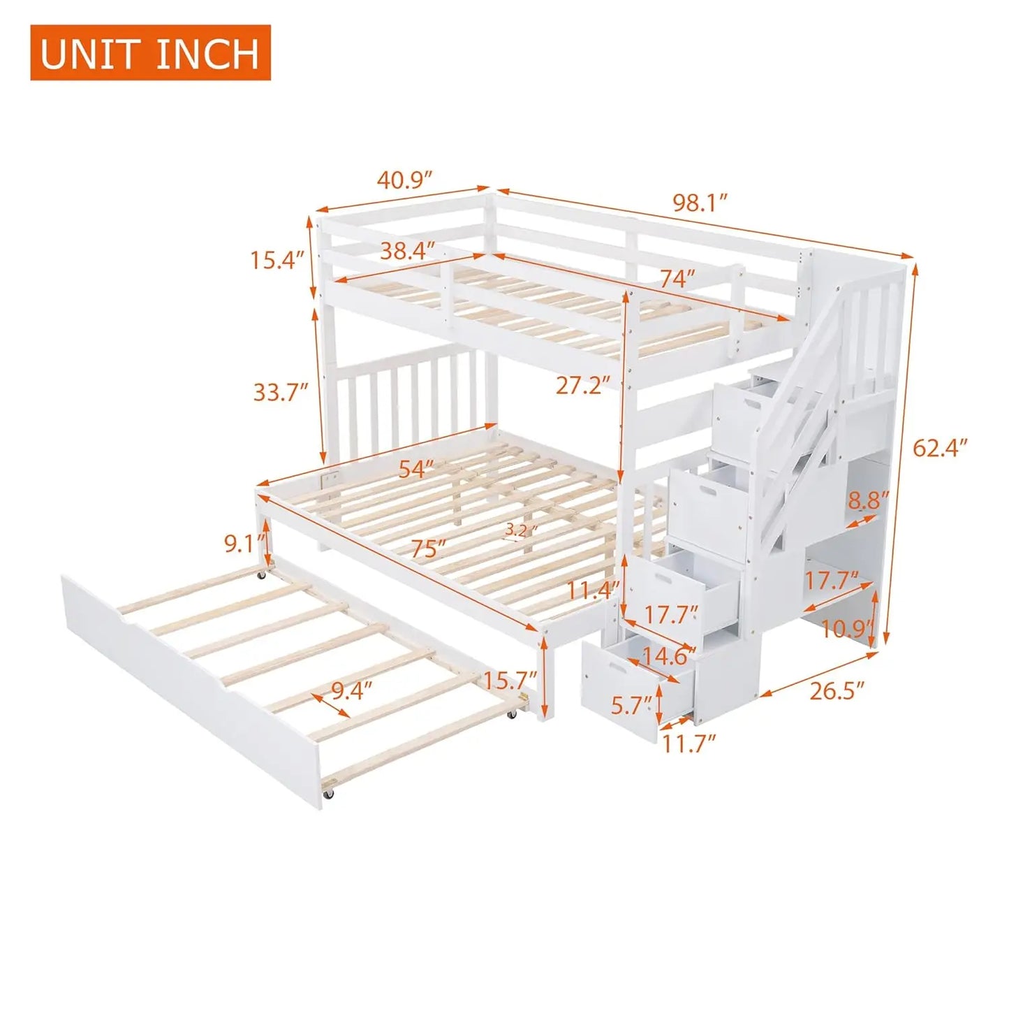 Twin Over Full Bunk Bed With Trundle Convertible Wood Bed