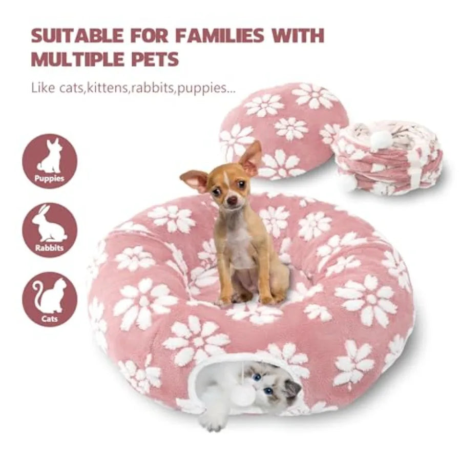 Cat Tunnel for Indoor Cats Cute Peekaboo Cat Cave with Dangling Balls Pet Donut Tunnel Bed with Circle Mat for Puppy Kitten Rab