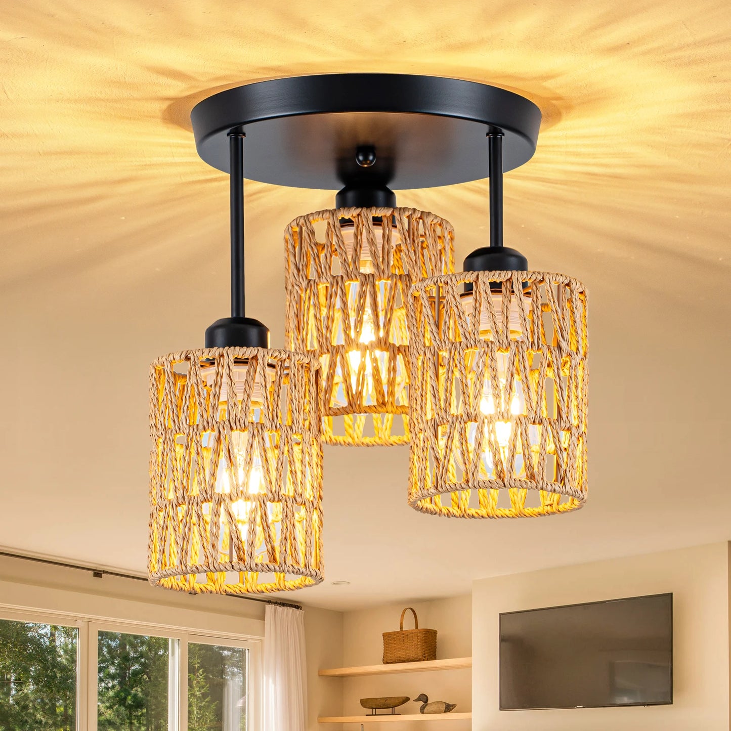 Boho Farmhouse Rattan Pendant Lights Three Light Ceiling Mount