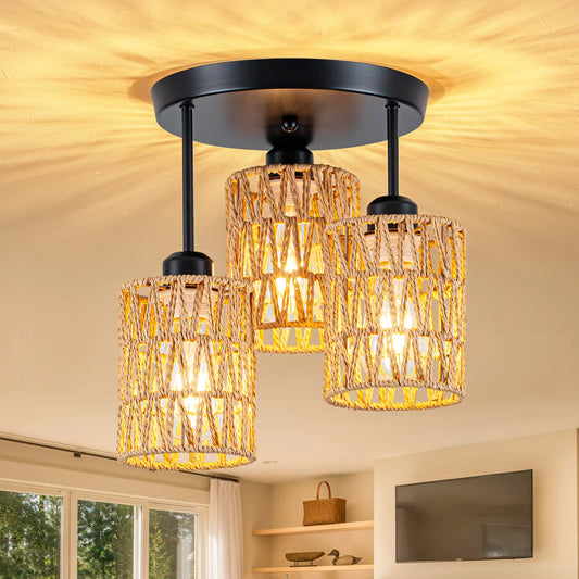 Boho Farmhouse Rattan Pendant Lights Three Light Ceiling Mount