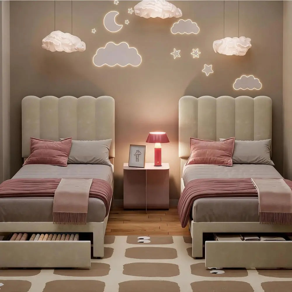 YTYIN Bed Frame With Underbed Drawers And Wave Headboard