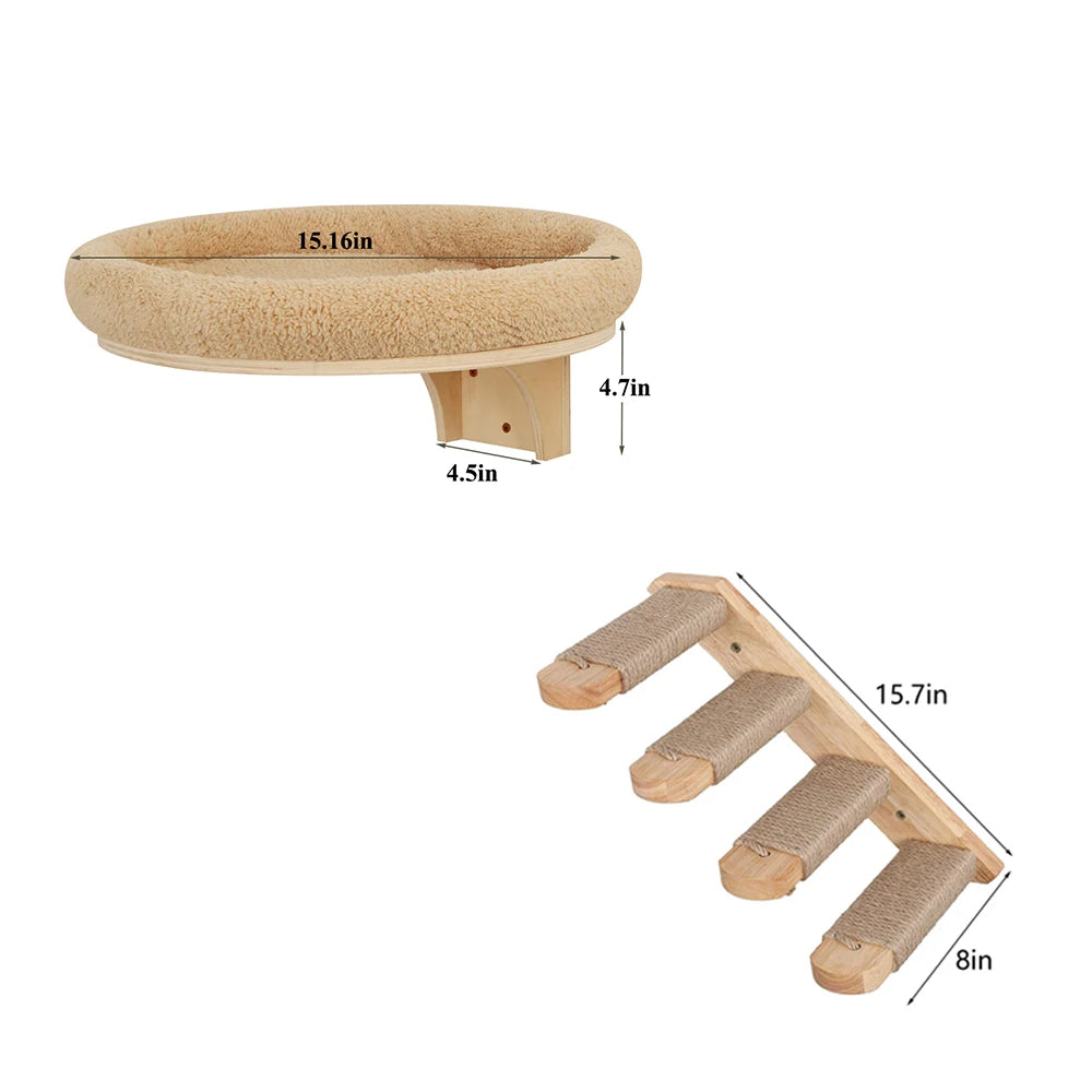 PETRAVEL Cat Wall Mounted Wooden Climbing Ladder Hammock Scratching Post