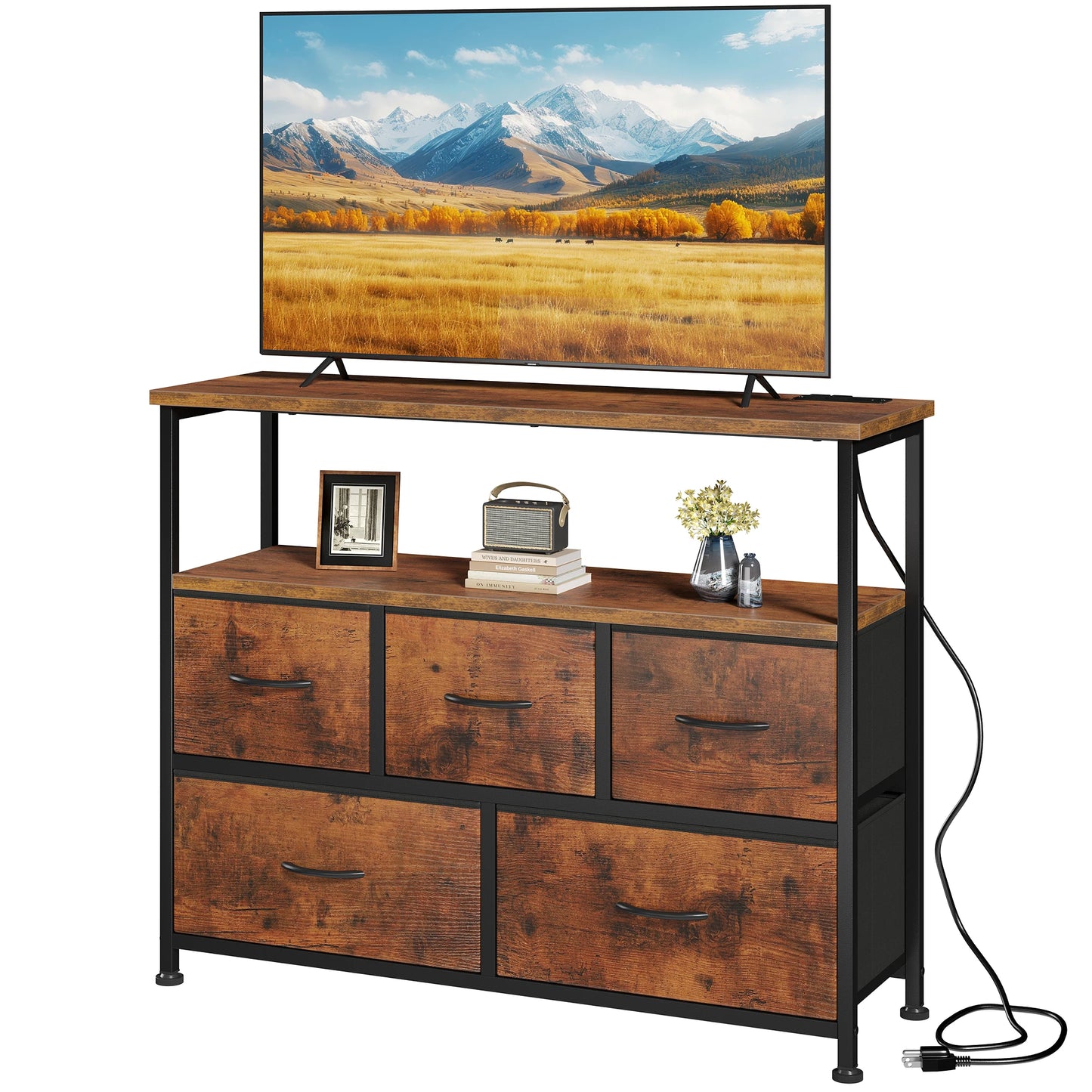 JHK TV Stand With Charging Station Media Console Open Shelves