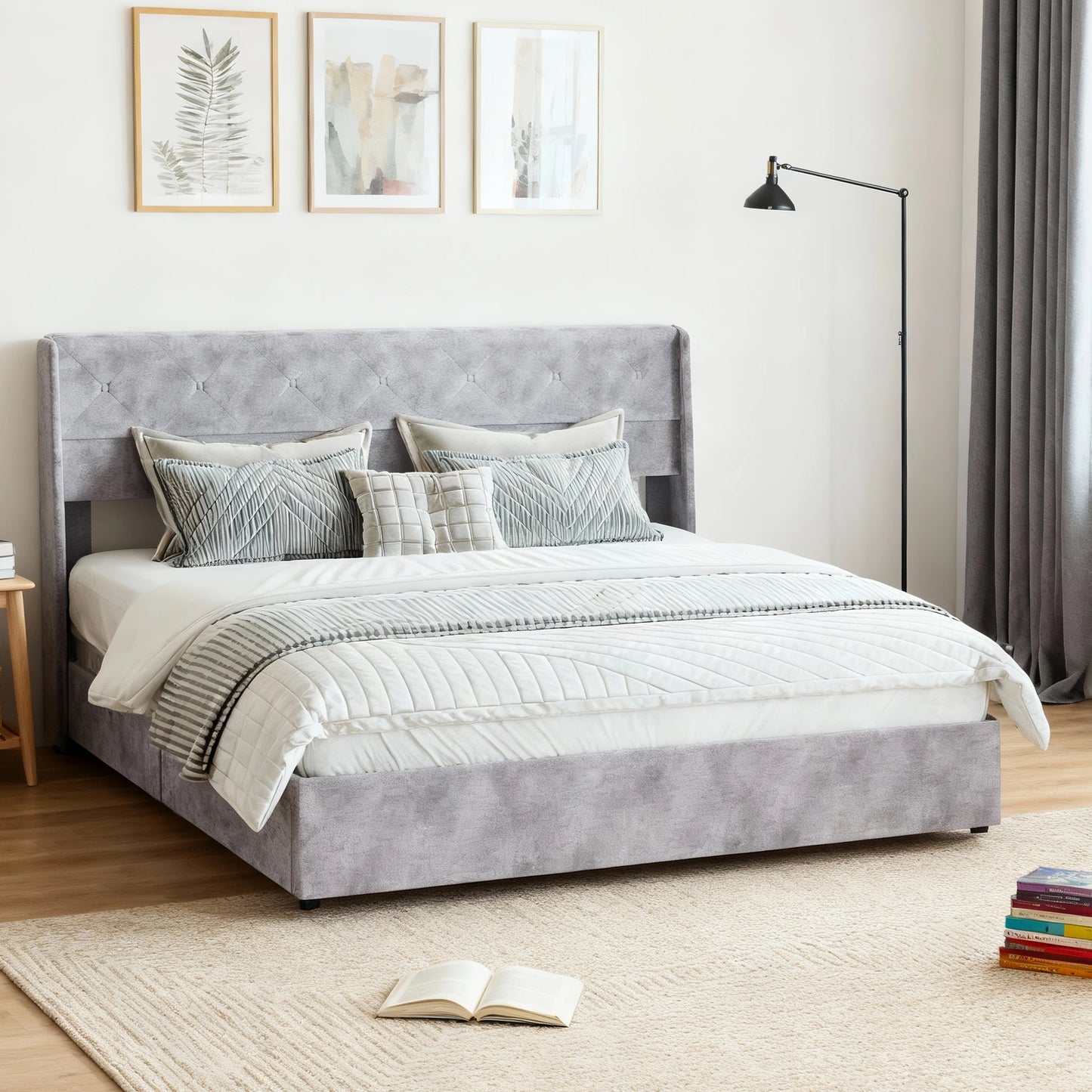 Mcq Hydraulic Lift Up Storage Bed With Wingback Headboard
