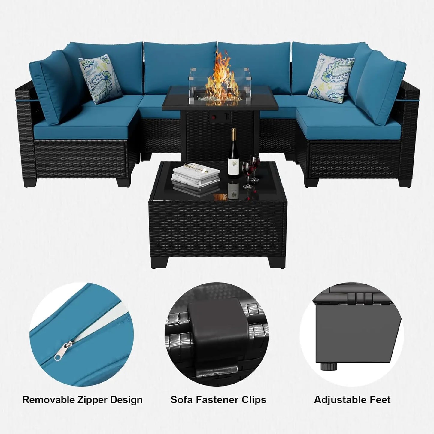 Durable Patio Furniture Set With Fire Pit Table Outdoor Rattan Sectional Sofa