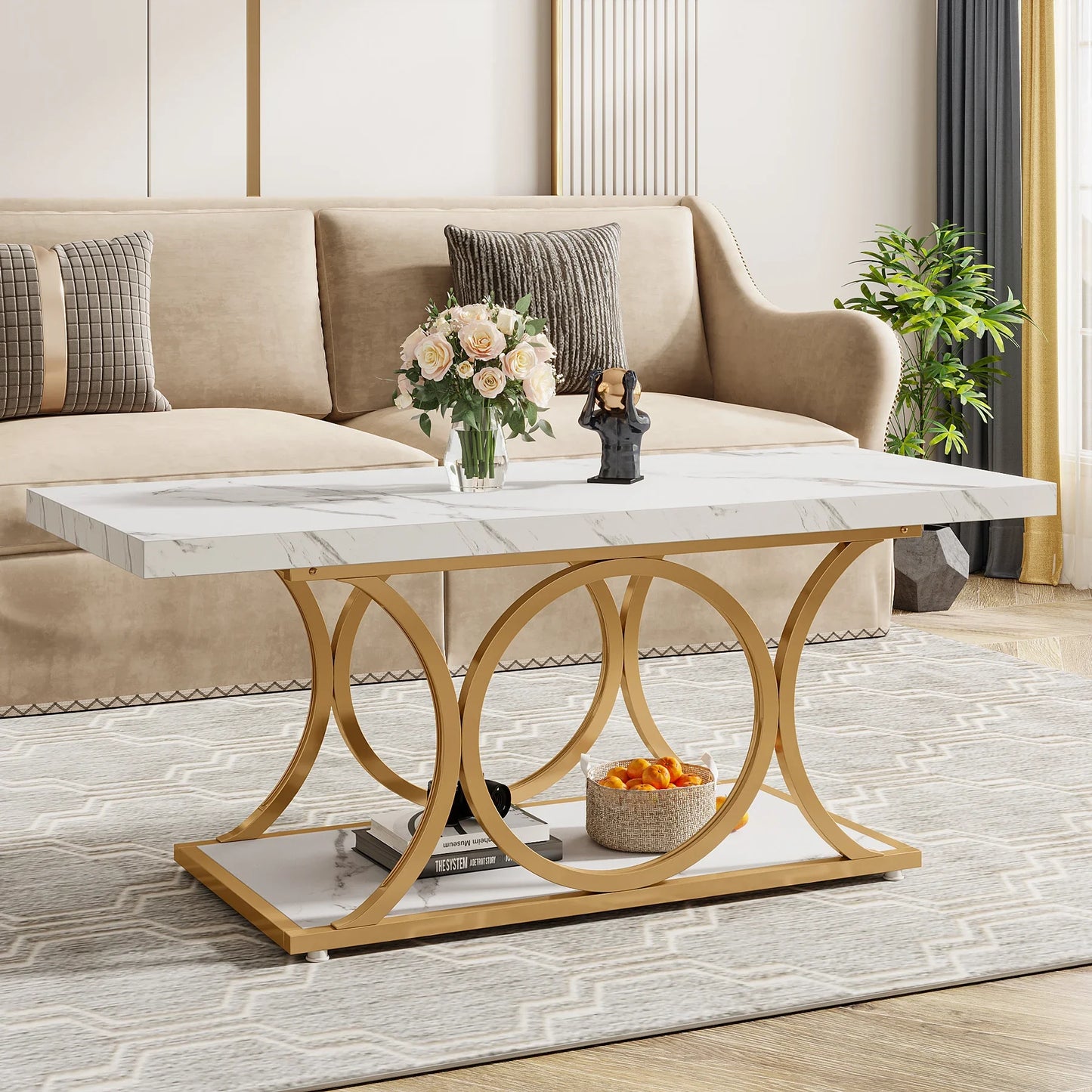 Tribesigns Rectangle Coffee Table Modern Faux Marble Wood