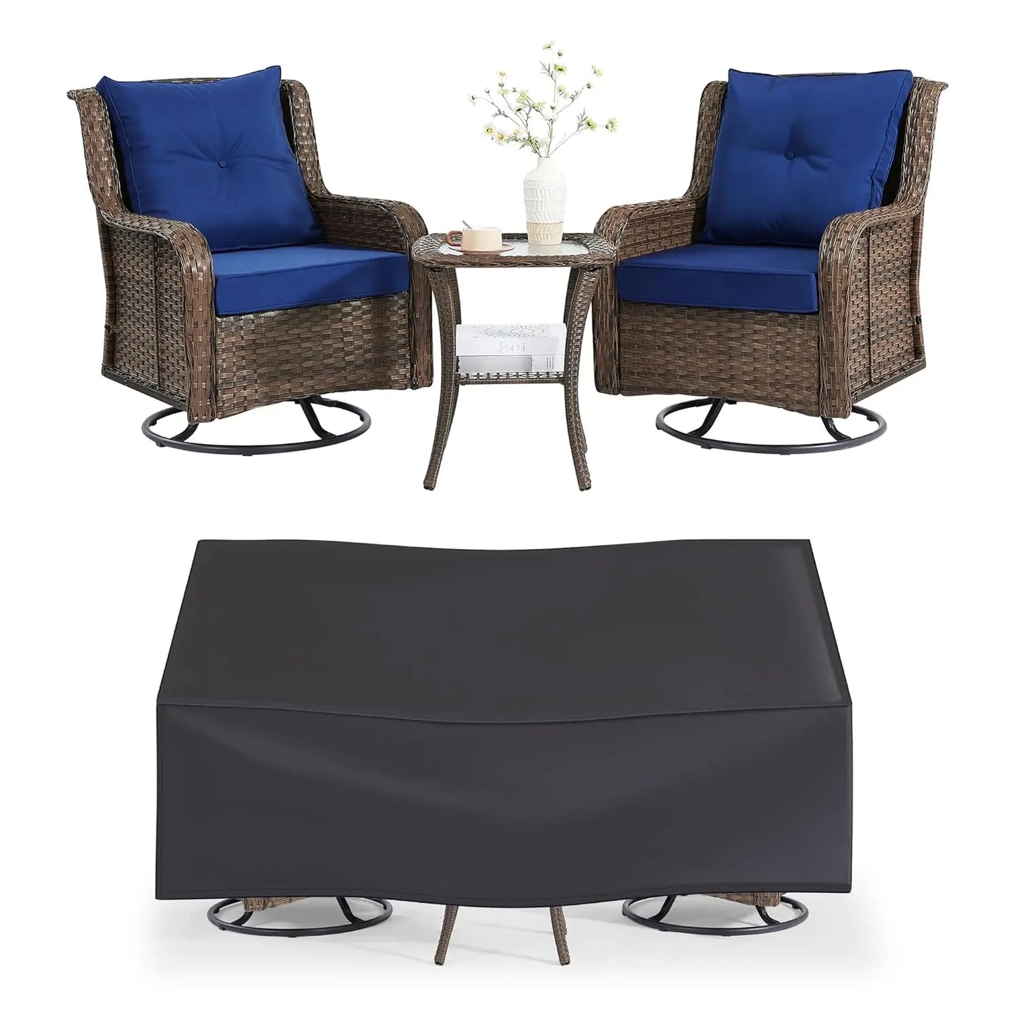 360 Degree Swivel Patio Set Wicker Rocking Chairs Side Table