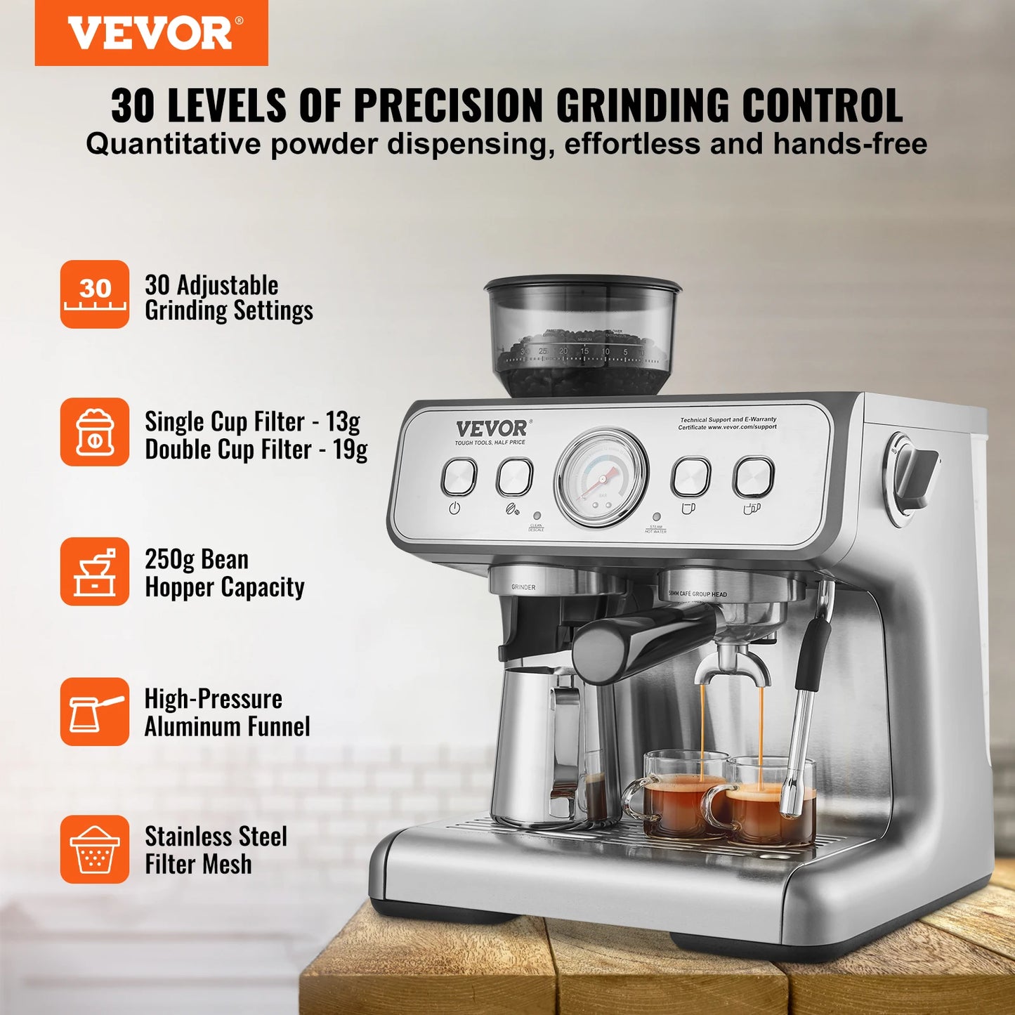 VEVOR Espresso Machine With Grinder 15 Bar Semi Automatic Milk Frother