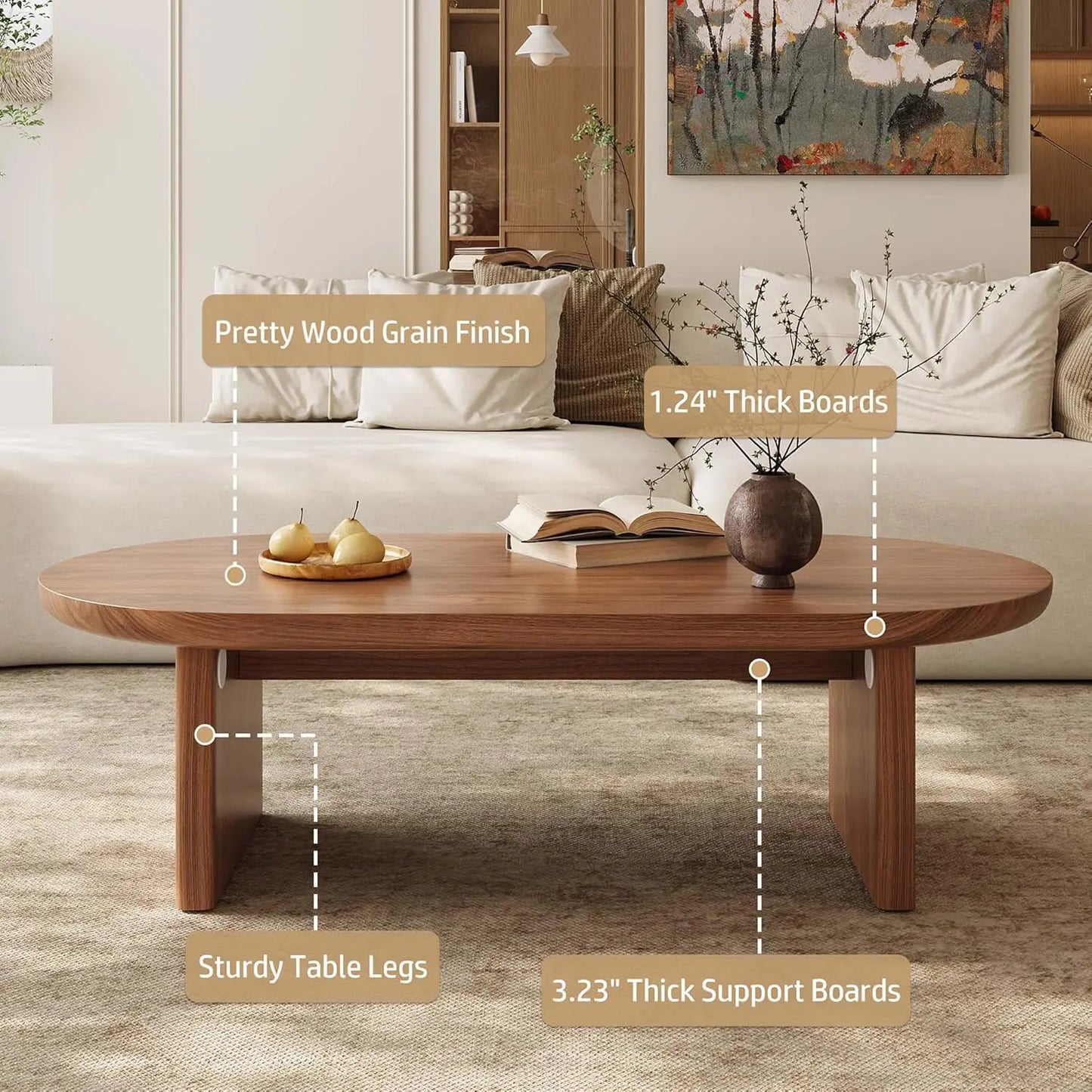 47" Oval Wooden Small Coffee Table for Living Room - Mid Century Modern Tables for Small Spaces, Lounge & Office,, Customized