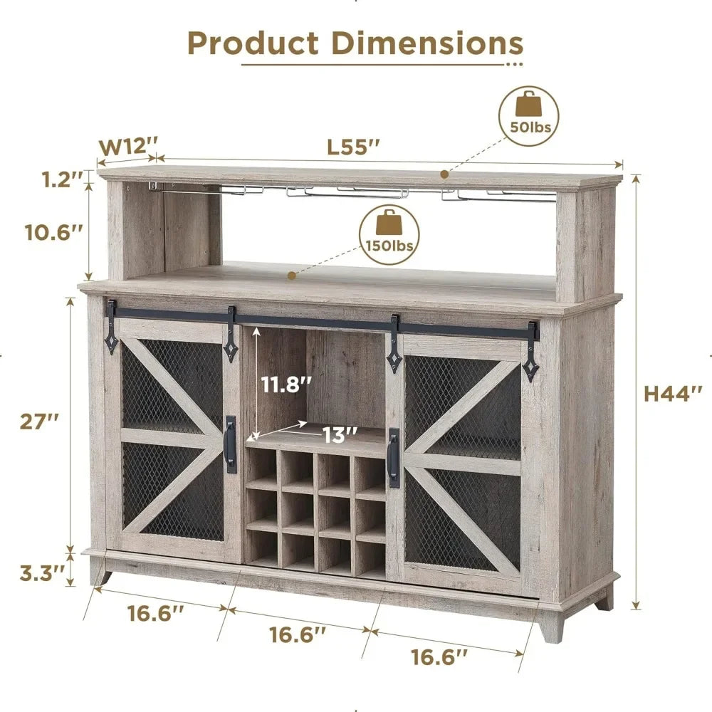 Farmhouse Coffee Bar Cabinet With Hutch And Sliding Barn Doors