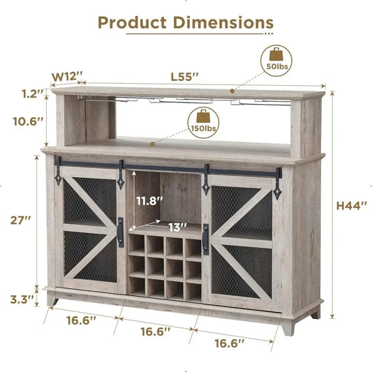 Farmhouse Coffee Bar Cabinet With Hutch And Sliding Barn Doors