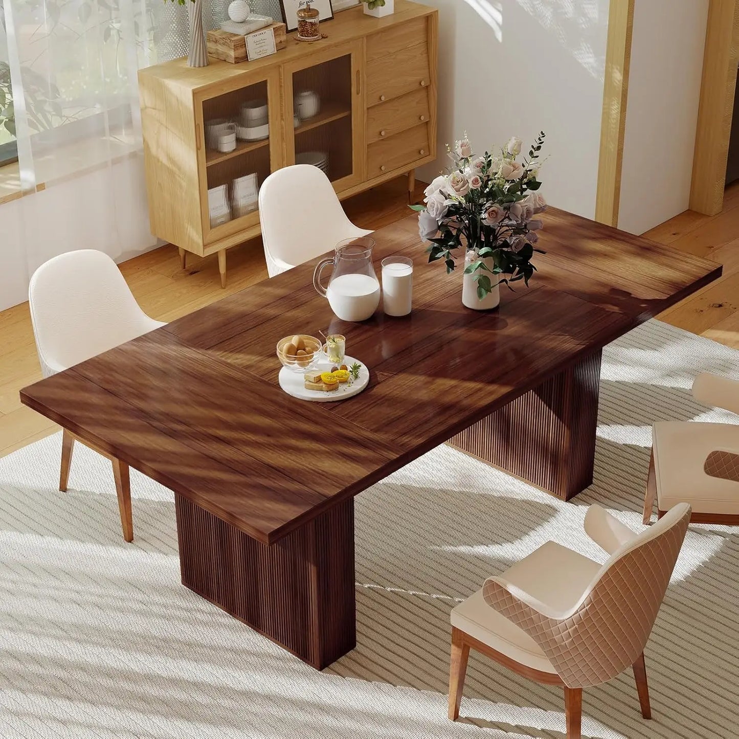 Rectangular Dining Table 78 Inch Modern Farmhouse Walnut Grooved Base