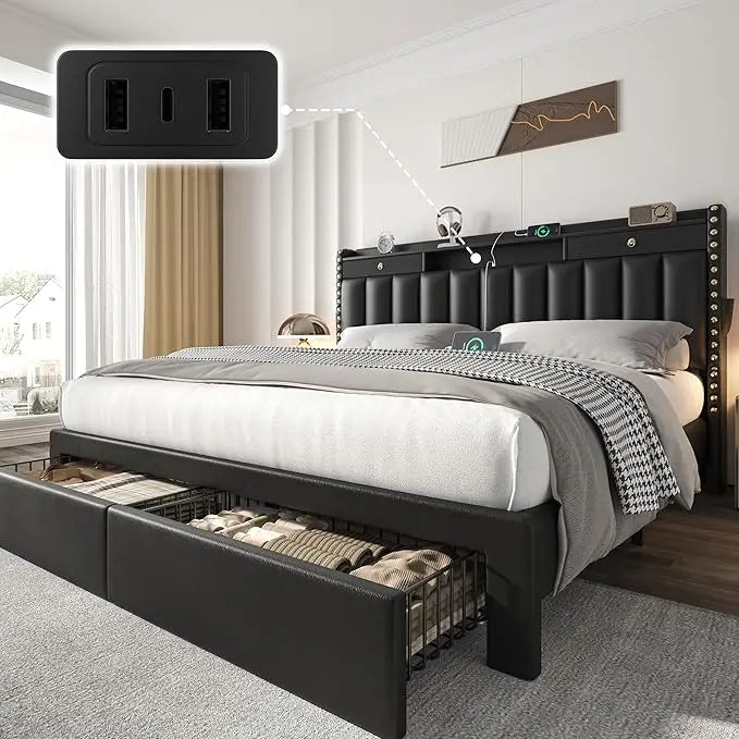 MOYU Velvet Upholstered Platform Bed Frame With Headboard And Drawers