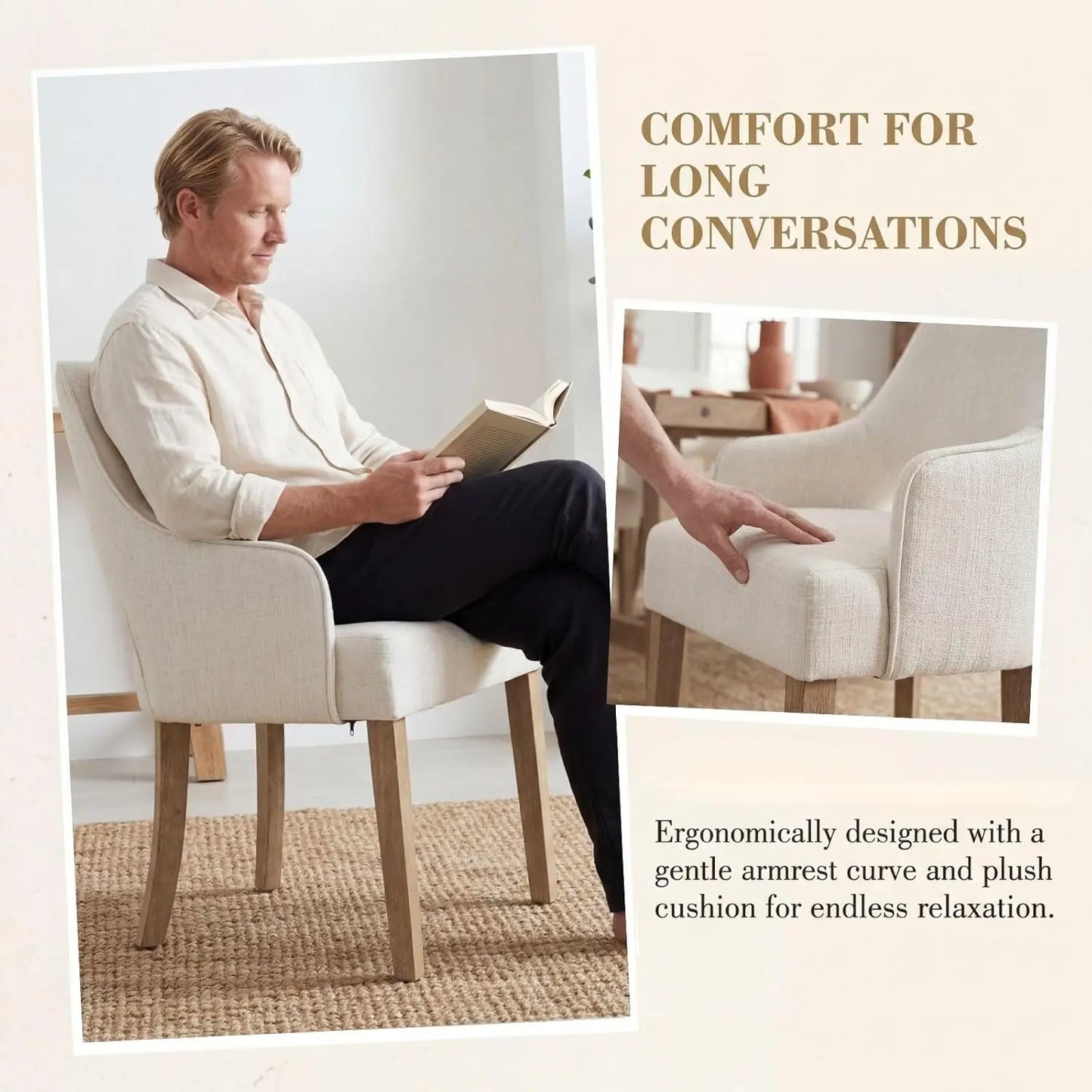 Farmhouse Linen Upholstered Dining Chairs With Arms Solid Wood Set