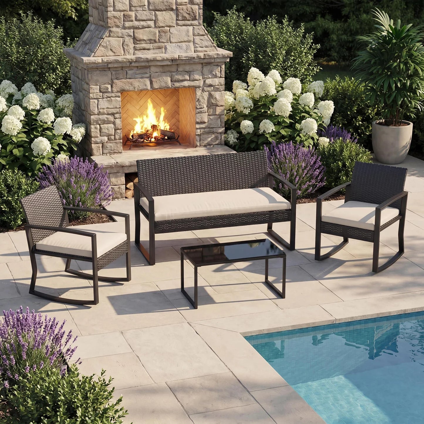 HobbyLane Outdoor 4 Piece PE Wicker Patio Rocking Furniture Set
