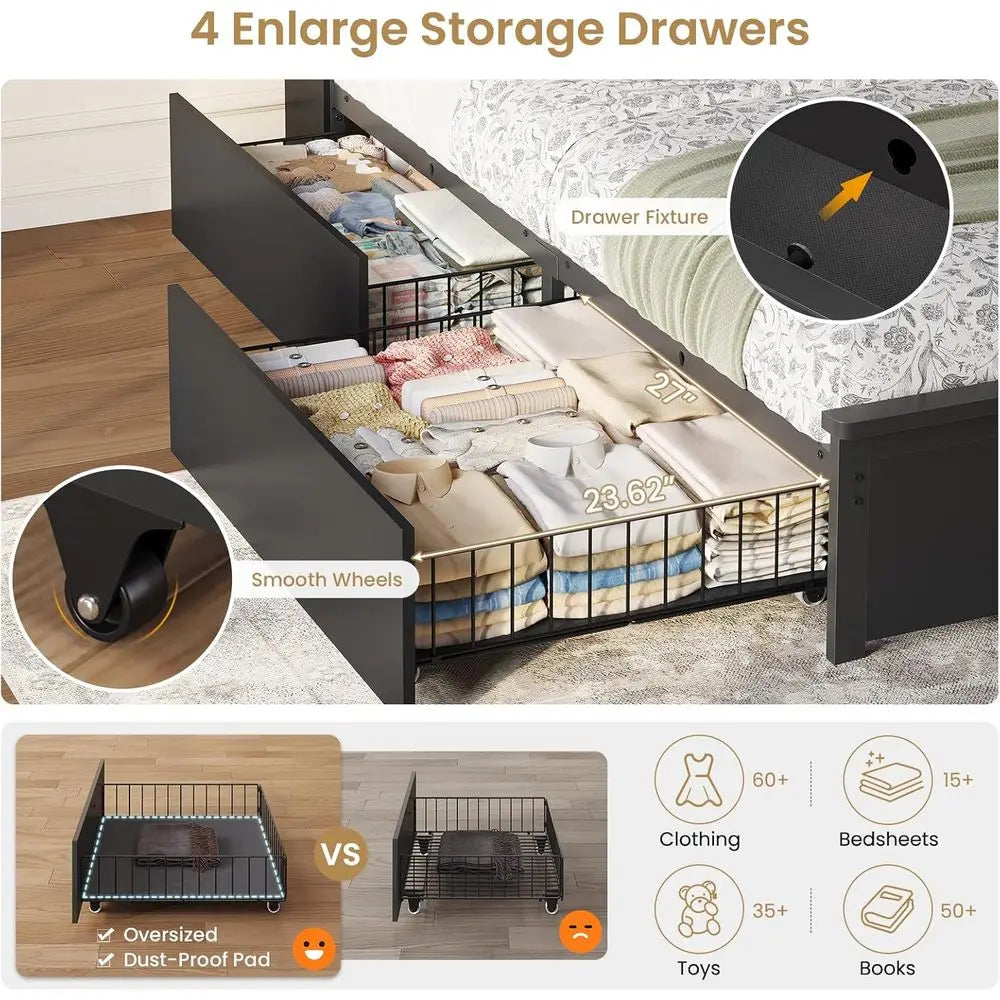 Upholstered Bed With Storage Drawers LED Lighting And Charging Station