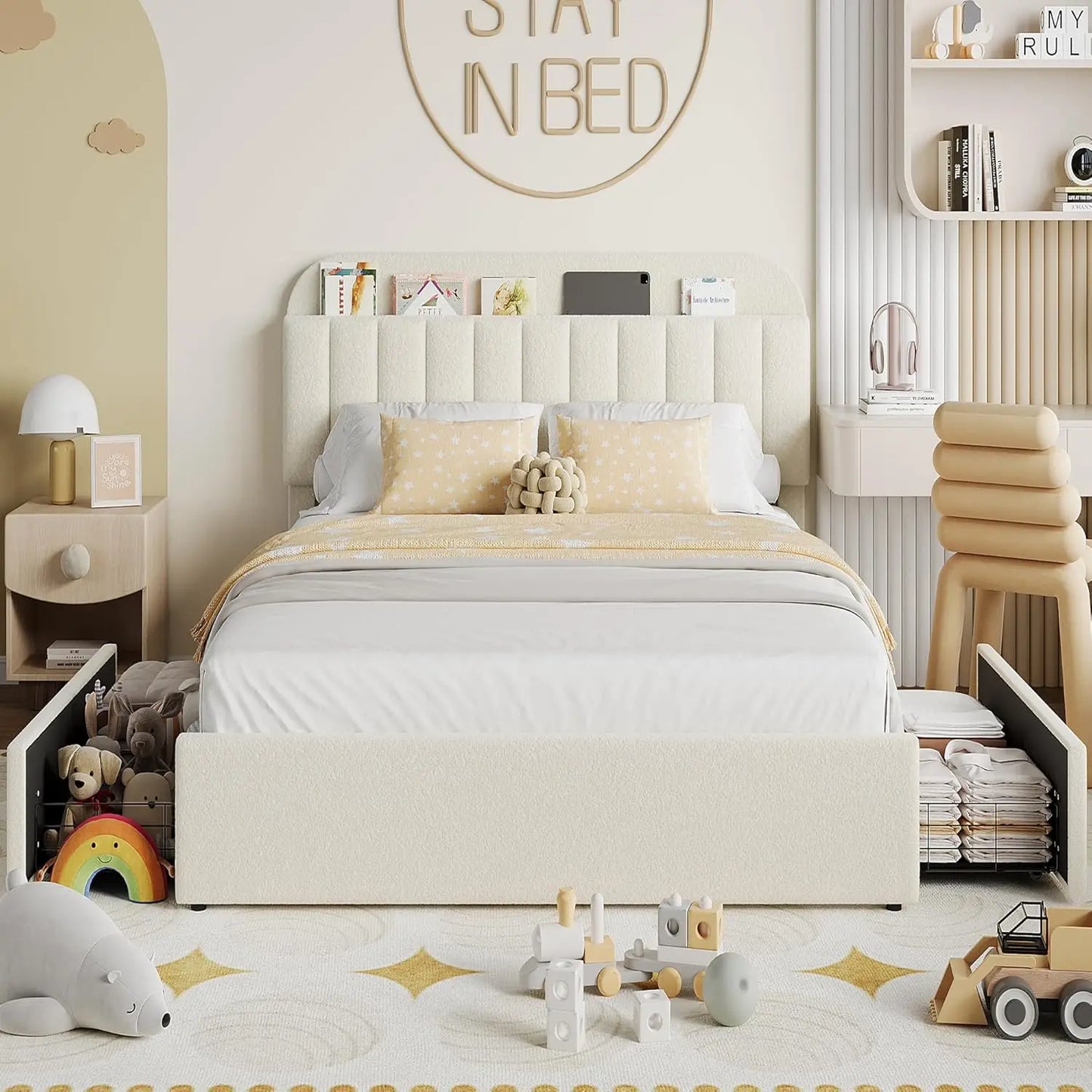 Twin Size Bed Frame with 2 Flexible Drawers, Boucle Upholstered Platform Bed Frame with Bookcase Headboard, Bedframe for Kids/Gi