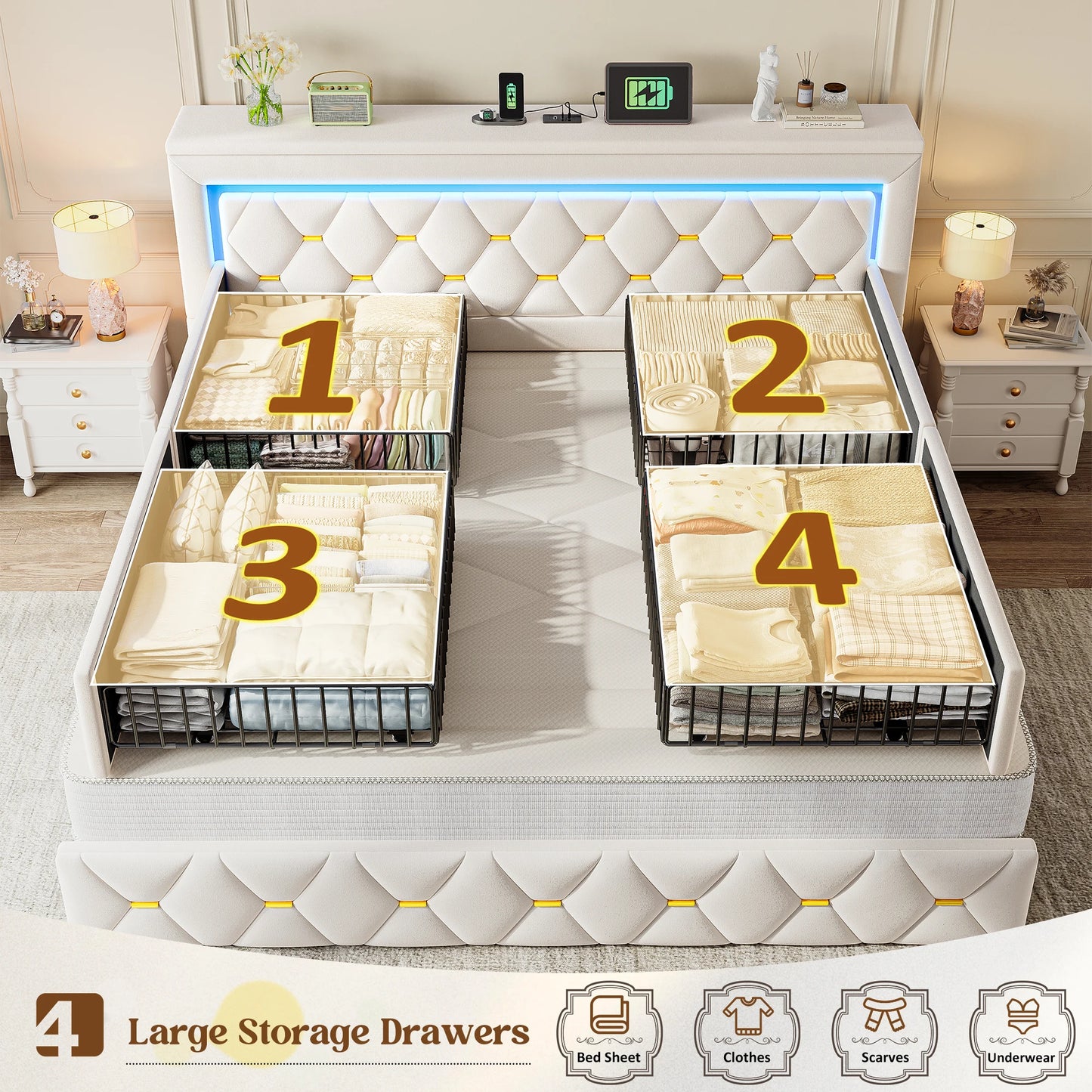 EnHomee LED Platform Bed Frame With Four Storage Drawers And Charging Station