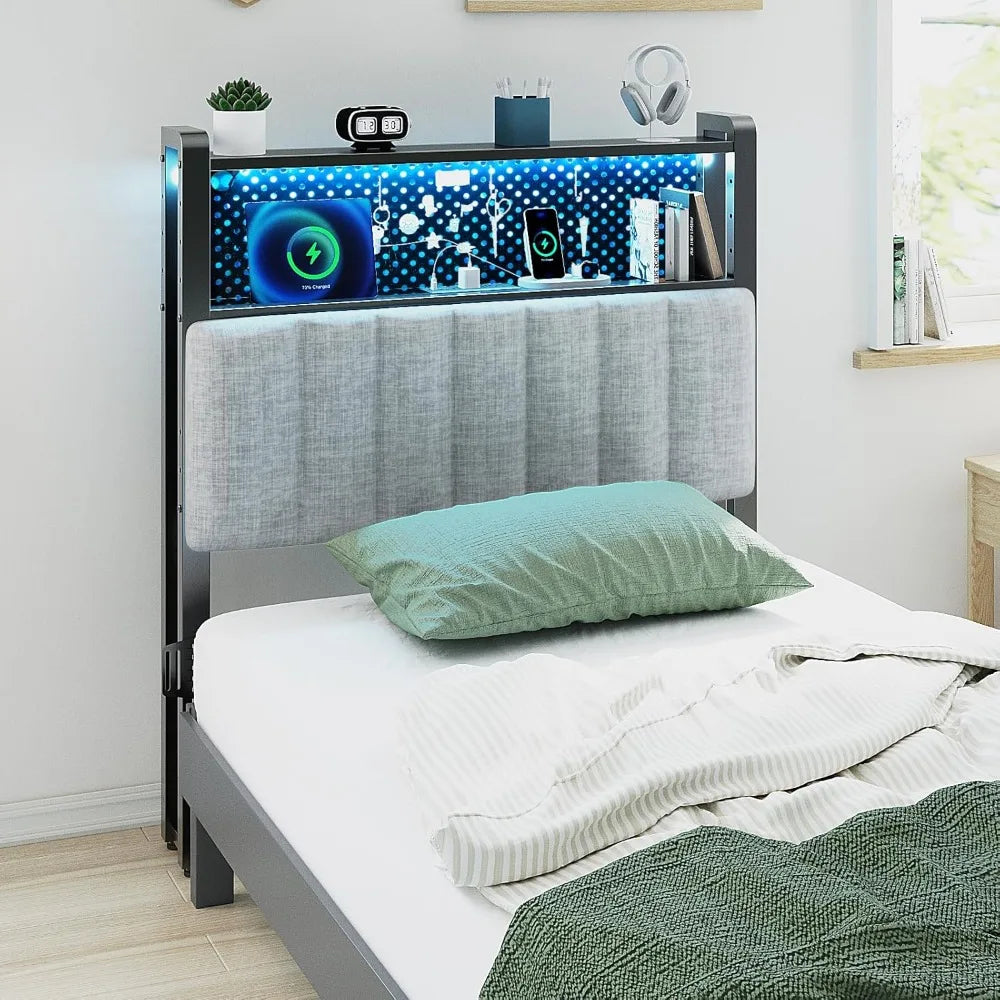 Adjustable Upholstered Headboard With Shelves Pegboard And LED