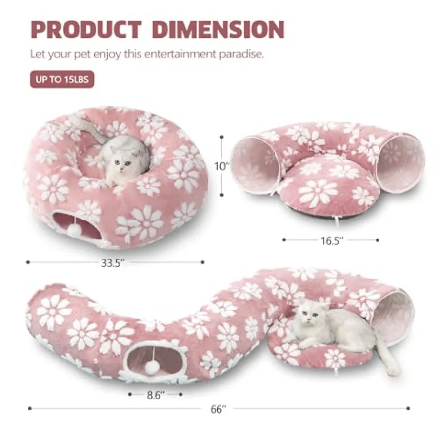 Cat Tunnel for Indoor Cats Cute Peekaboo Cat Cave with Dangling Balls Pet Donut Tunnel Bed with Circle Mat for Puppy Kitten Rab