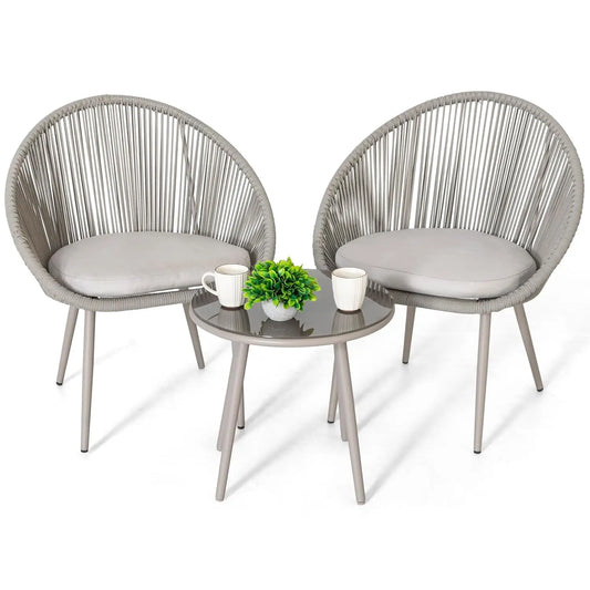3 Piece Outdoor Bistro Set, Woven Rope Conversation Patio Set, All Weather Patio Furniture Chairs and Table with Cushions for Ga