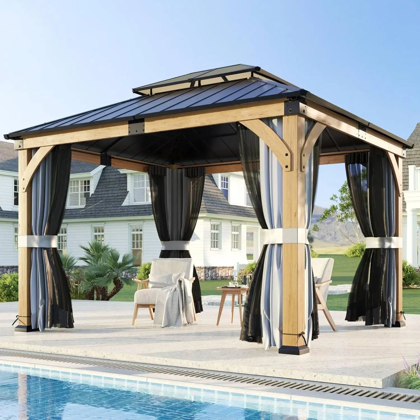 10x12ft Cedar Wood Hardtop Gazebo, Galvanized Steel Peak Roof, Snow & Wind Support for Outdoor Pavilion, Custom