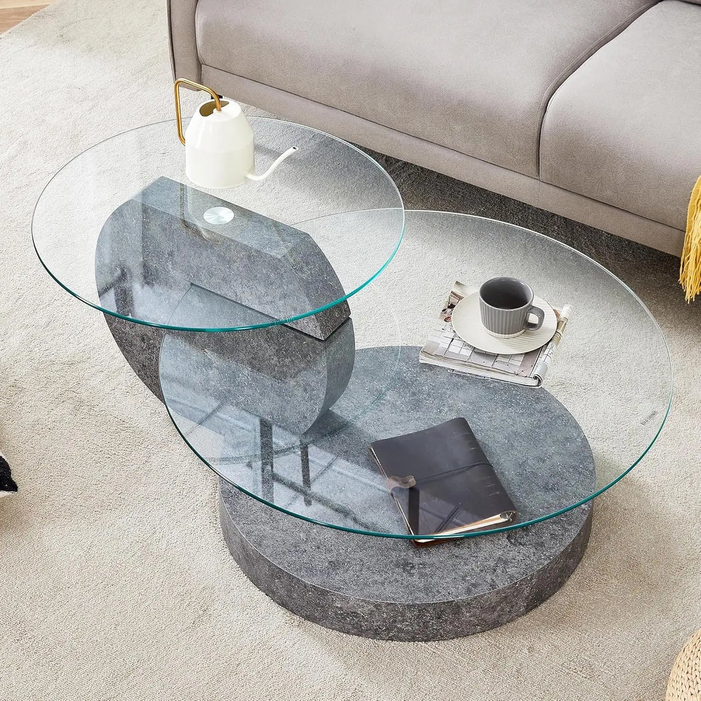 Glass Round Coffee Table Three Tier Tempered Glass Top Wood Base