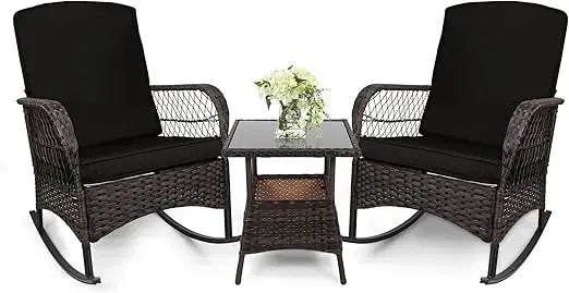 Leveleve 3 Piece Rocking Bistro Set Wicker Chairs Table