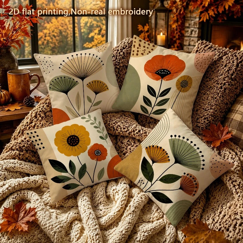 4 Pc Boho Floral Polyester Throw Pillow Cover Set