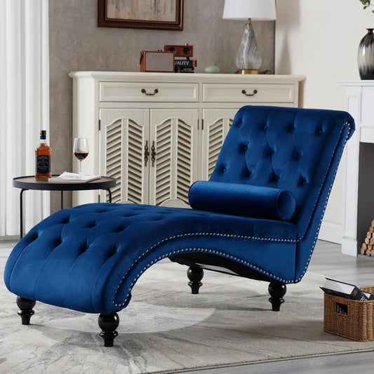 Velvet Chaise Lounge Chair Tufted Upholstered With Pillow Living Room