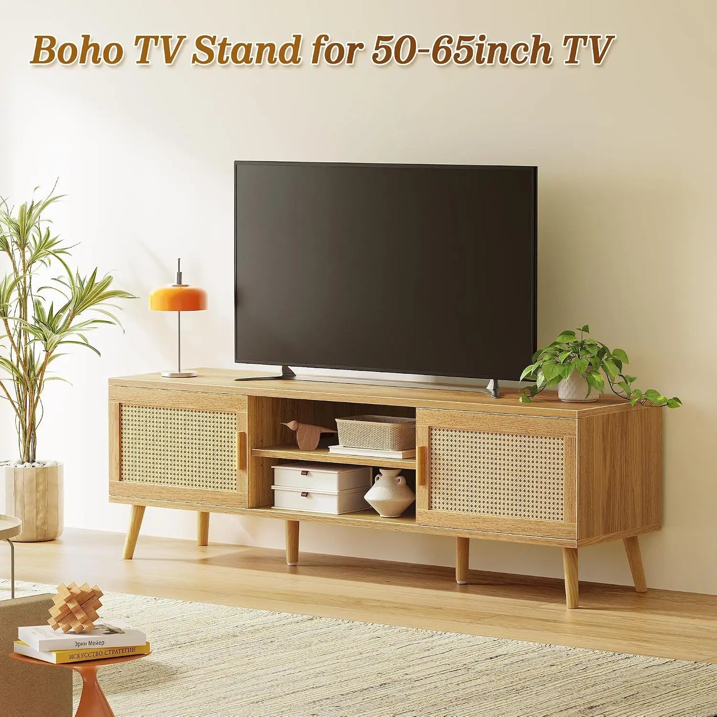 Boho TV Stand Rattan Console With Adjustable Shelves 2 Cabinets