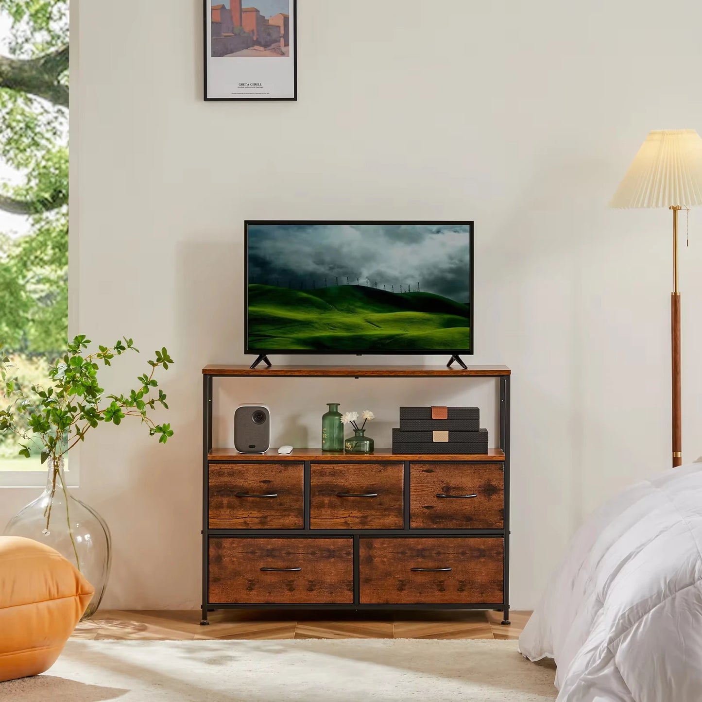 JHK Fireplace TV Stand Dresser With 5 Fabric Drawers Storage